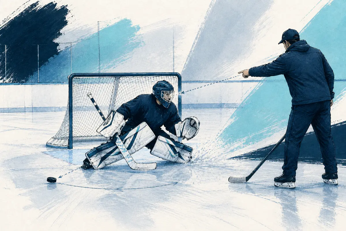 Editorial illustration of a goalie tracking the puck and moving across the crease with a coach