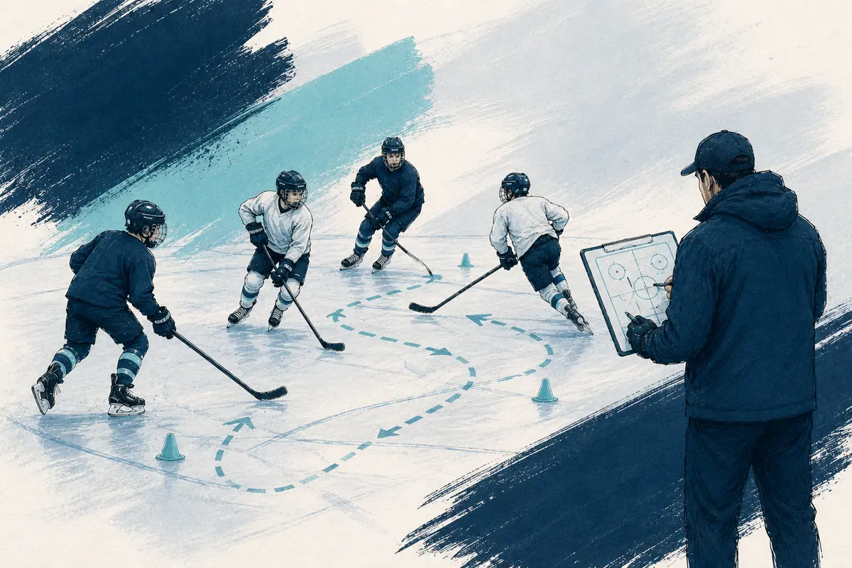 Illustration of a DTHA coach guiding young players through an on-ice learning environment